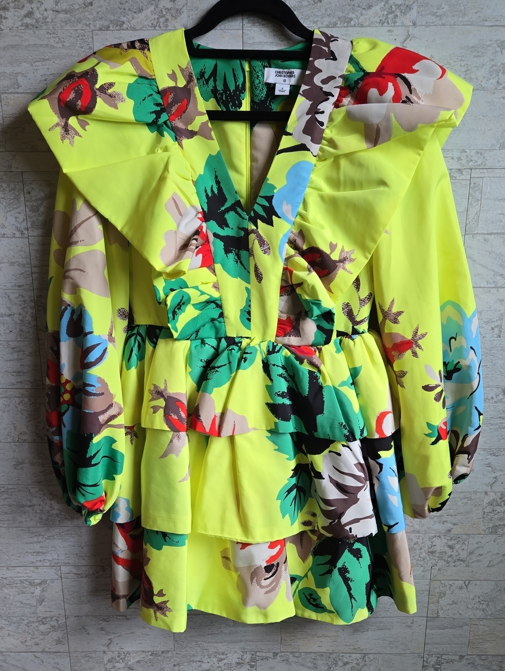 Christopher John Rogers for Target Yellow Floral Ruffle Tiered Mini Dress Size 0